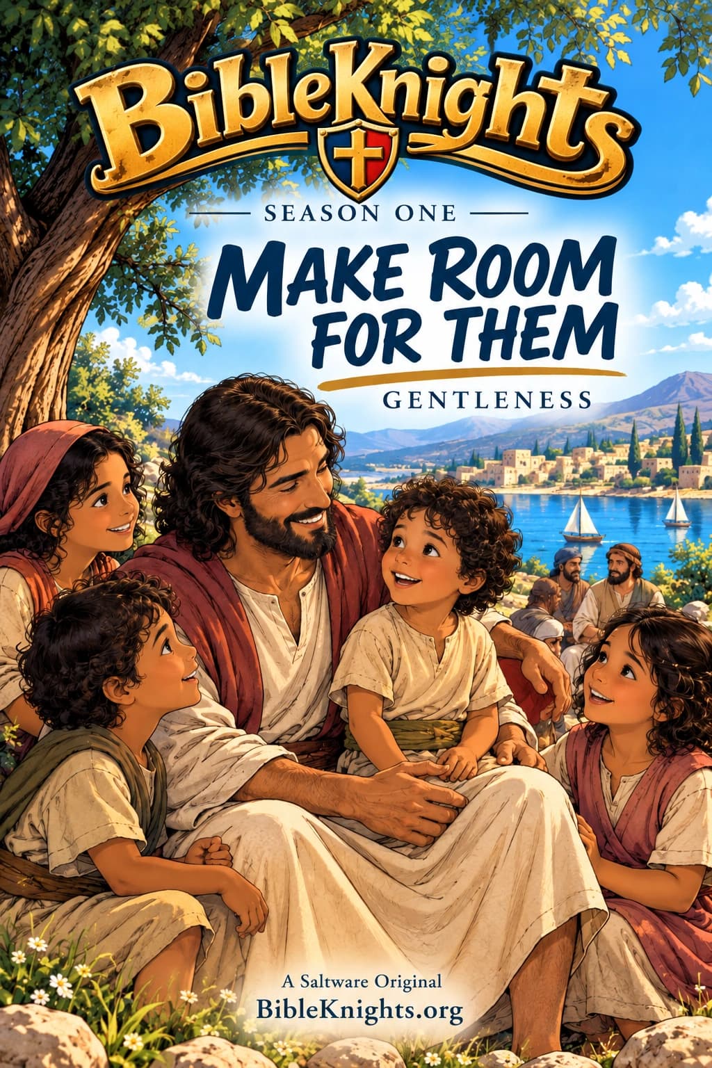 Cover of Make Room for Them, a BibleKnights comic about Jesus welcoming children.